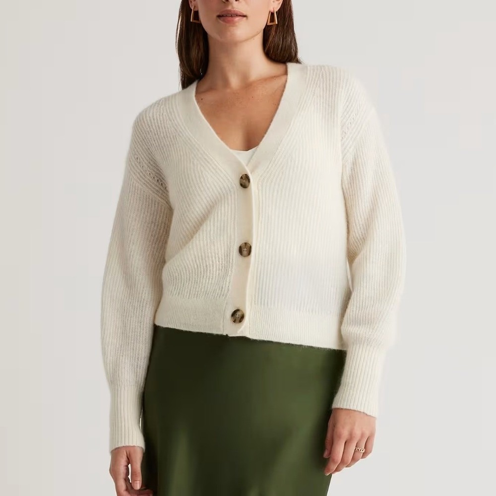 Quince Merino Wool Alpaca Cardigan Cropped M Ivory Button Sweater Luxury Winter